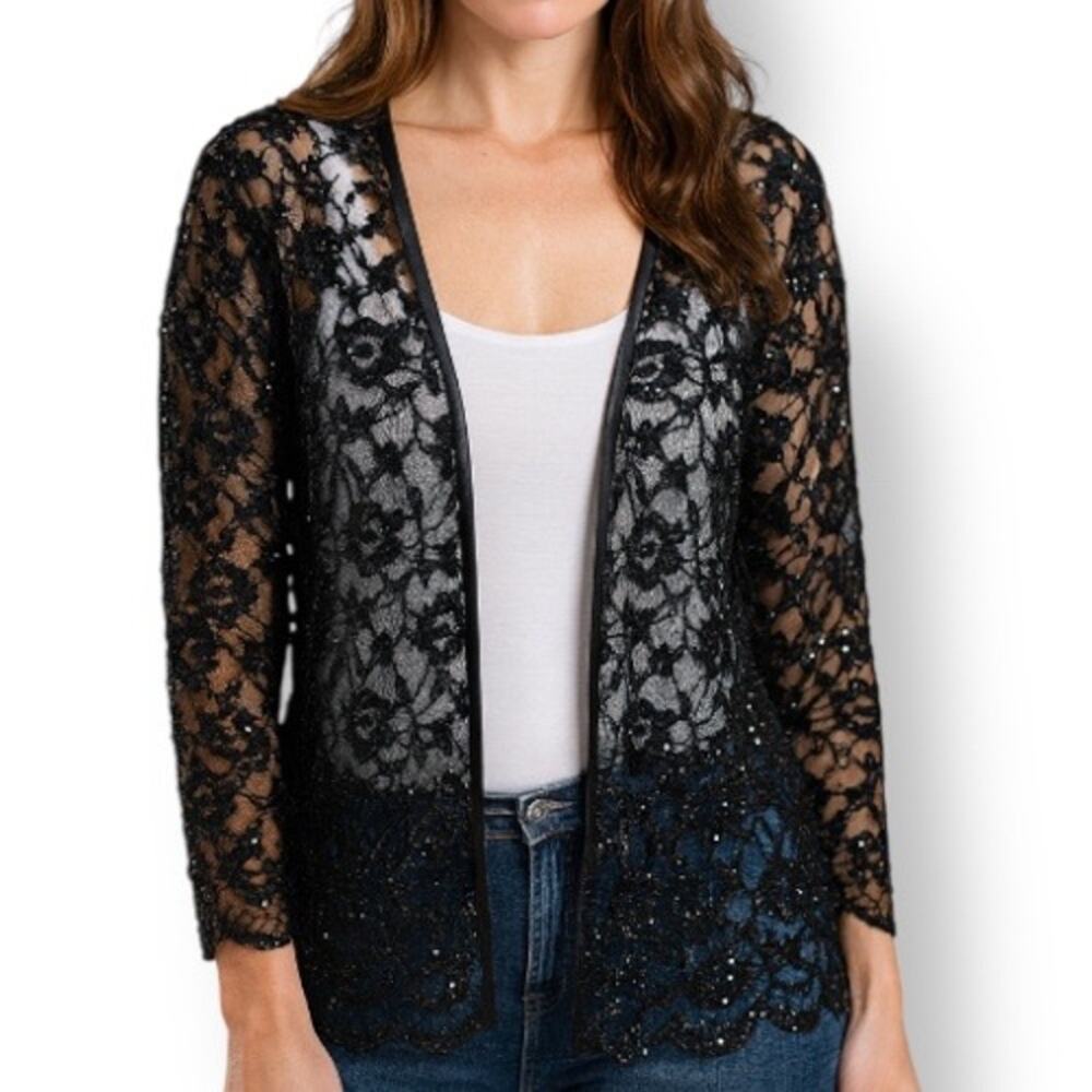 Vintage Laurence Kazar Black Beaded Lace Sheer Open Front Evening Jacket Romance